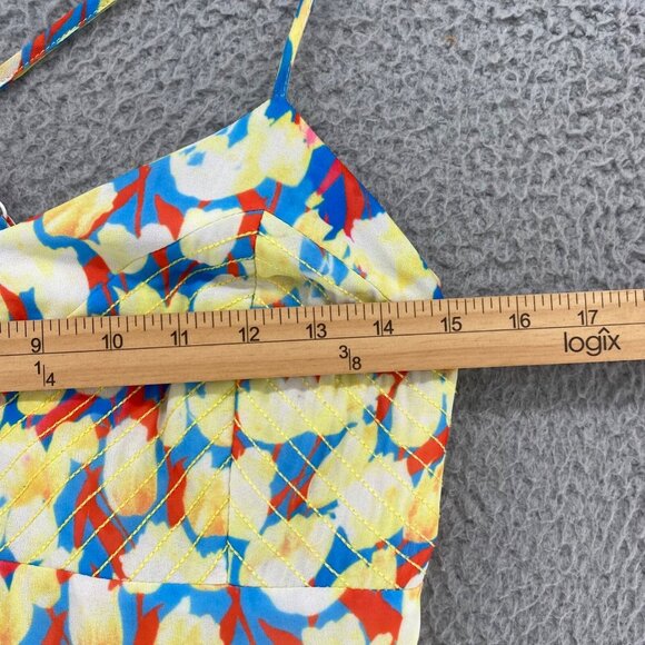 Badgley Mischka Dress Womens 8 Yellow Blue Multi Floral Ombre Maxi Flowy Ruched* - Picture 10 of 12